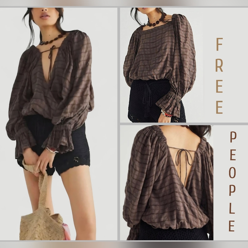 Free People Kylie Reversible  Horseshoe Brown Blouse Size L NWT